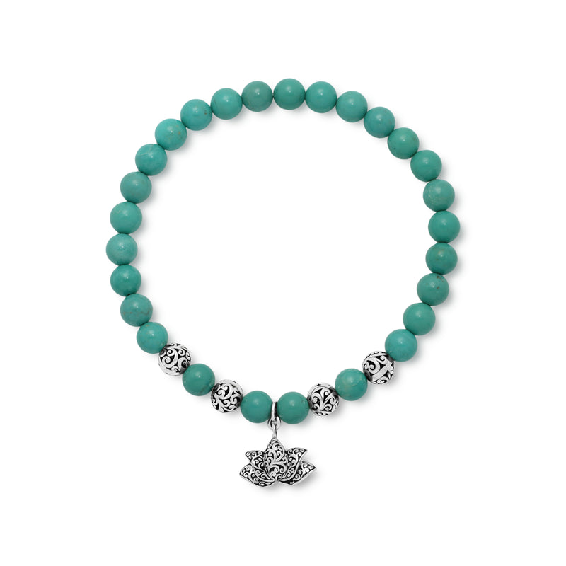 Blue Turquoise Bead (6mm) and Scroll Sterling Silver Bead with Signature Scroll Lotus Hang on Stretch Bracelet - Lois Hill Jewelry