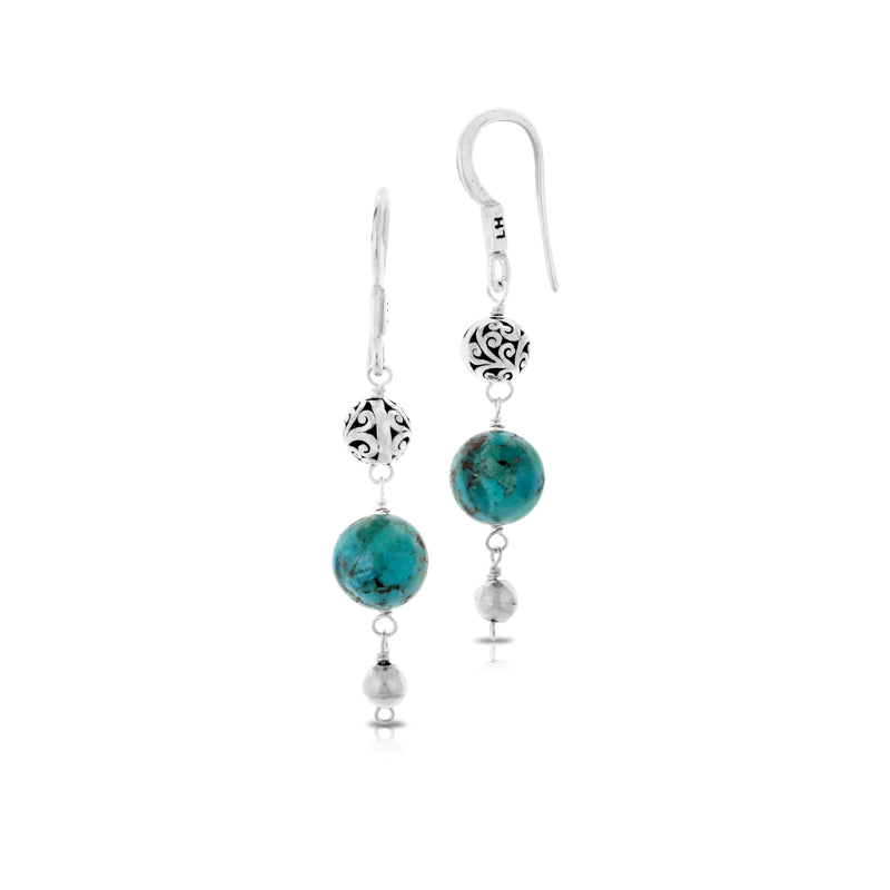 Blue Black Turquoise, LH Scroll and Hammered Beads Linear Drop Earrings