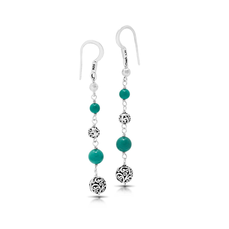 Blue Turquoise Bead with Sterling Silver Scroll Bead Drop Fishook Earrings - Lois Hill Jewelry
