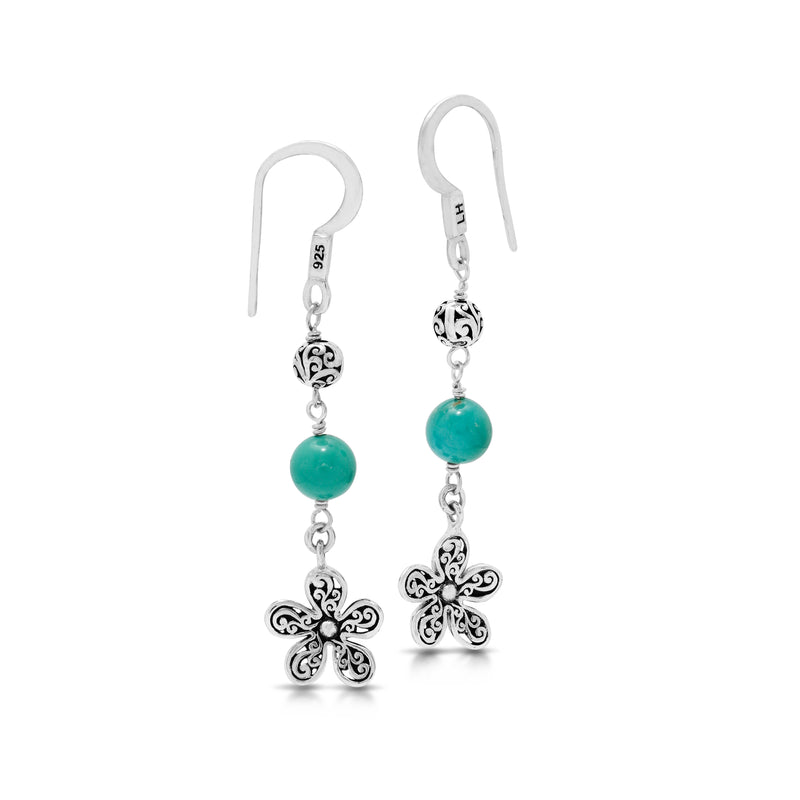 Blue Turquoise Bead with Sterling Silver Scroll Bead and Flower Scroll Drop Fishook Earrings - Lois Hill Jewelry
