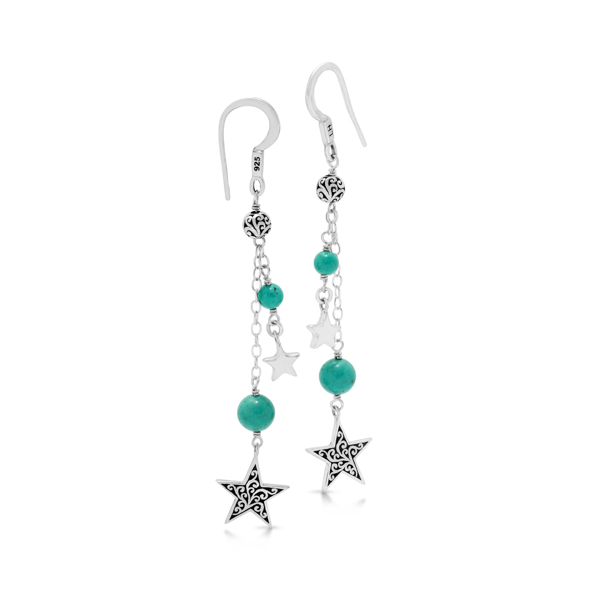 Blue Turquoise Bead with Star Sterling Silver Scroll Drop Fishook Earrings - Lois Hill Jewelry
