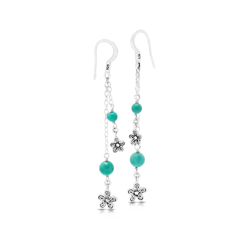Blue Turquoise Bead with Double Layers Flower Sterling Silver Scroll Drop Fishook Earrings - Lois Hill Jewelry