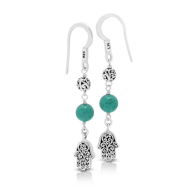 Blue Turquoise Bead with Hamsa Sterling Silver Scroll Drop Fishook Earrings - Lois Hill Jewelry