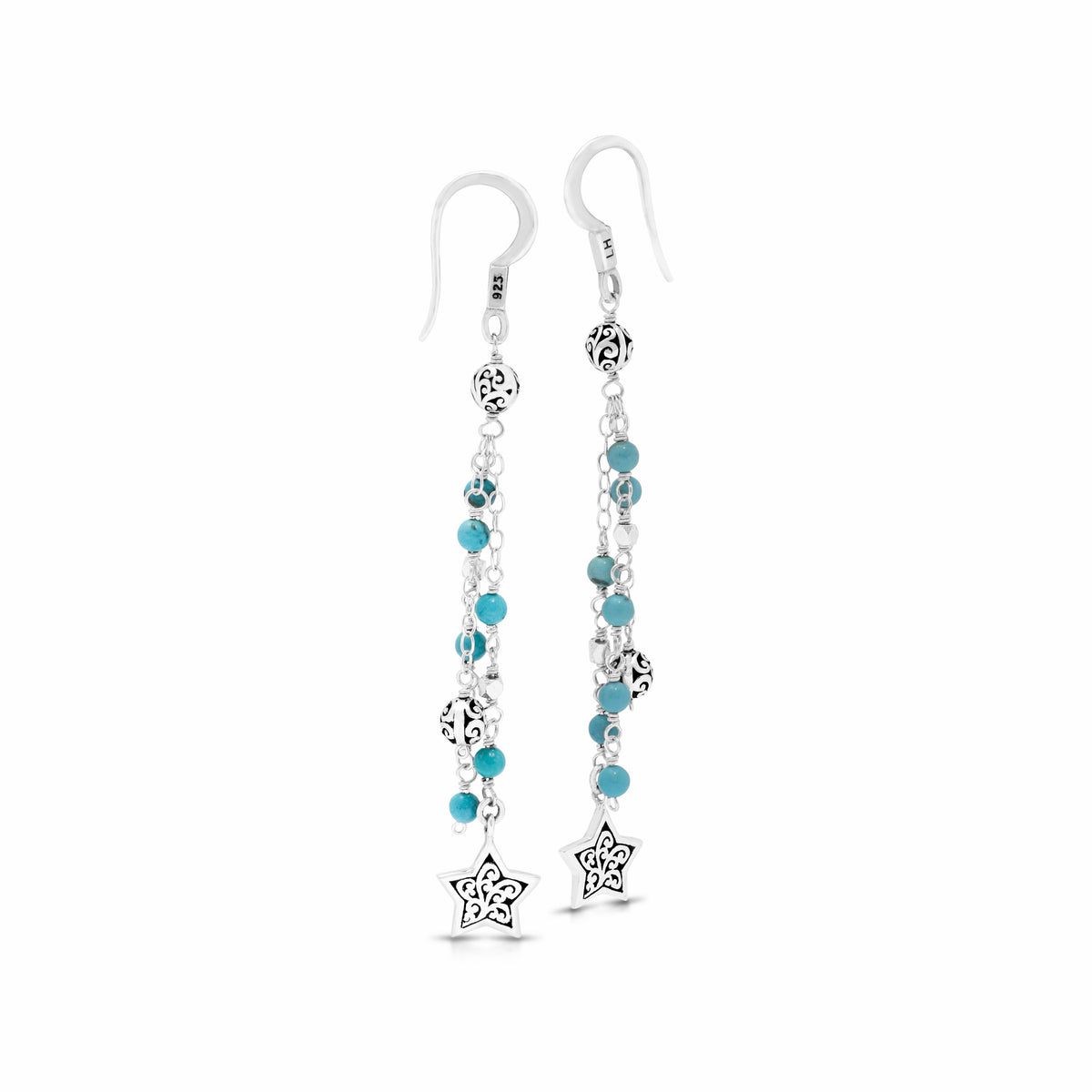 Blue Turquoise and LH Scroll Beads with Star Triple Strand Chandelier Earrings