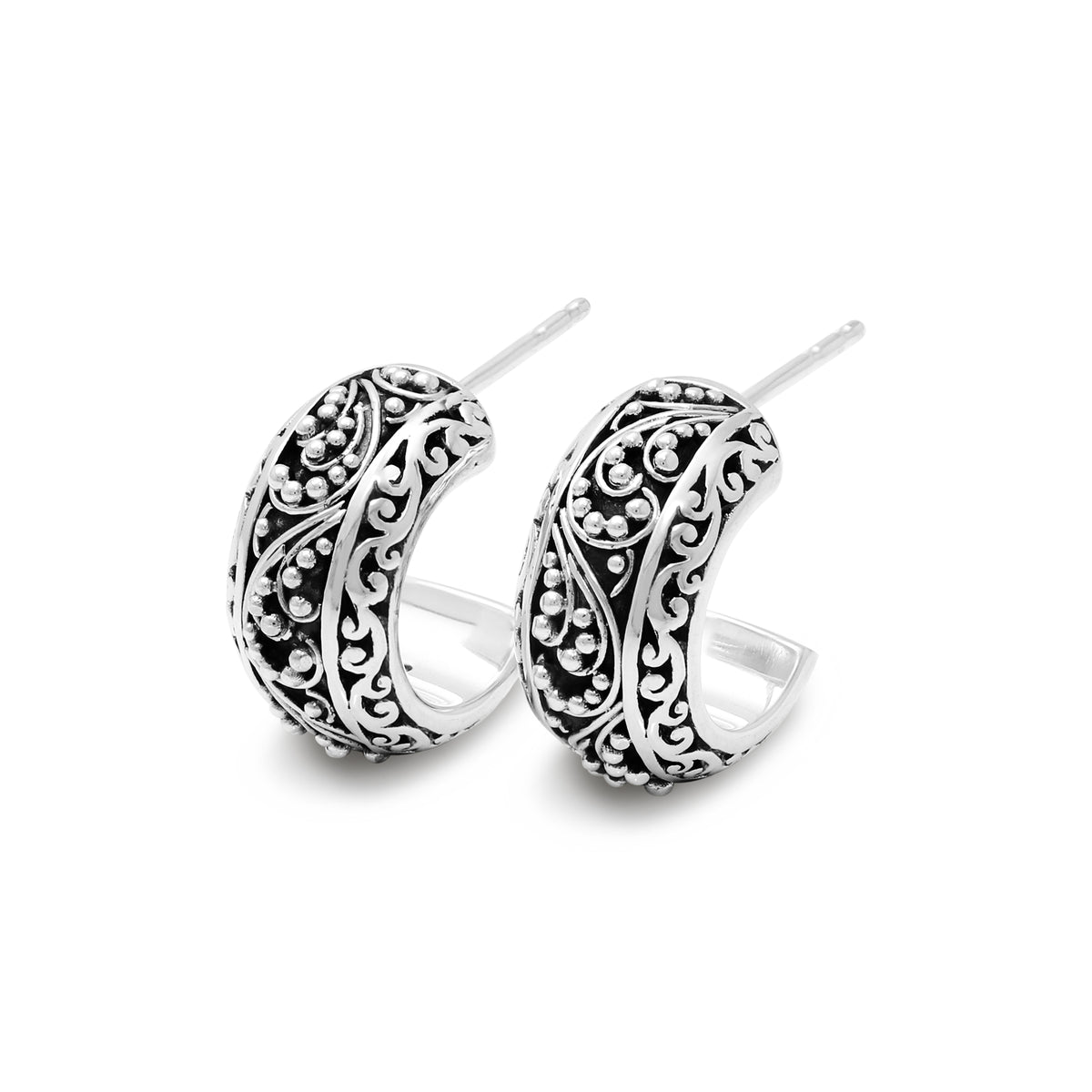 Carved Signature Scroll Granulated Classic Hoop Earrings. 8mm W x  diameter 9mm