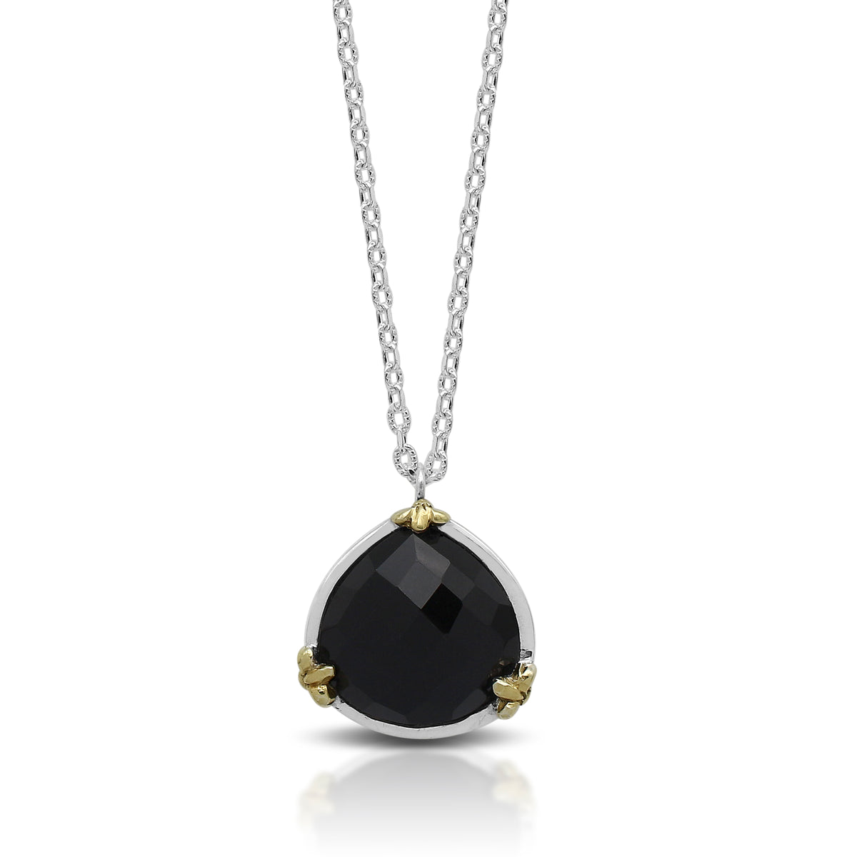 Teardrop Black Onyx Pendant (16mm) and Three Points 18K Vermeil Gold Plated Prongs Necklace 16" - 18"