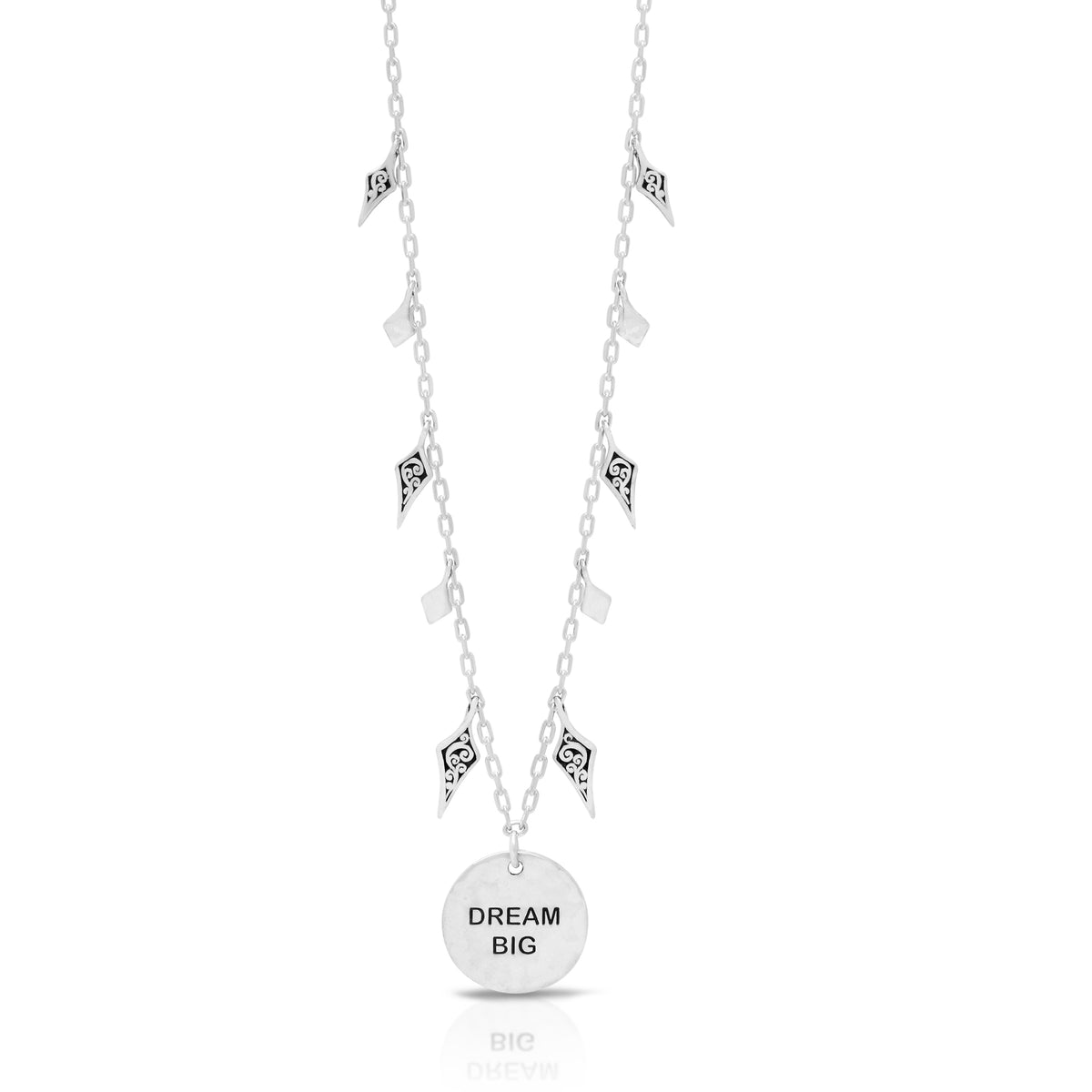 LH Round Pendant ''Dream Big'' 15mm Scroll Back with Dangle Charm on Chain Necklace 16''-18'' Adj