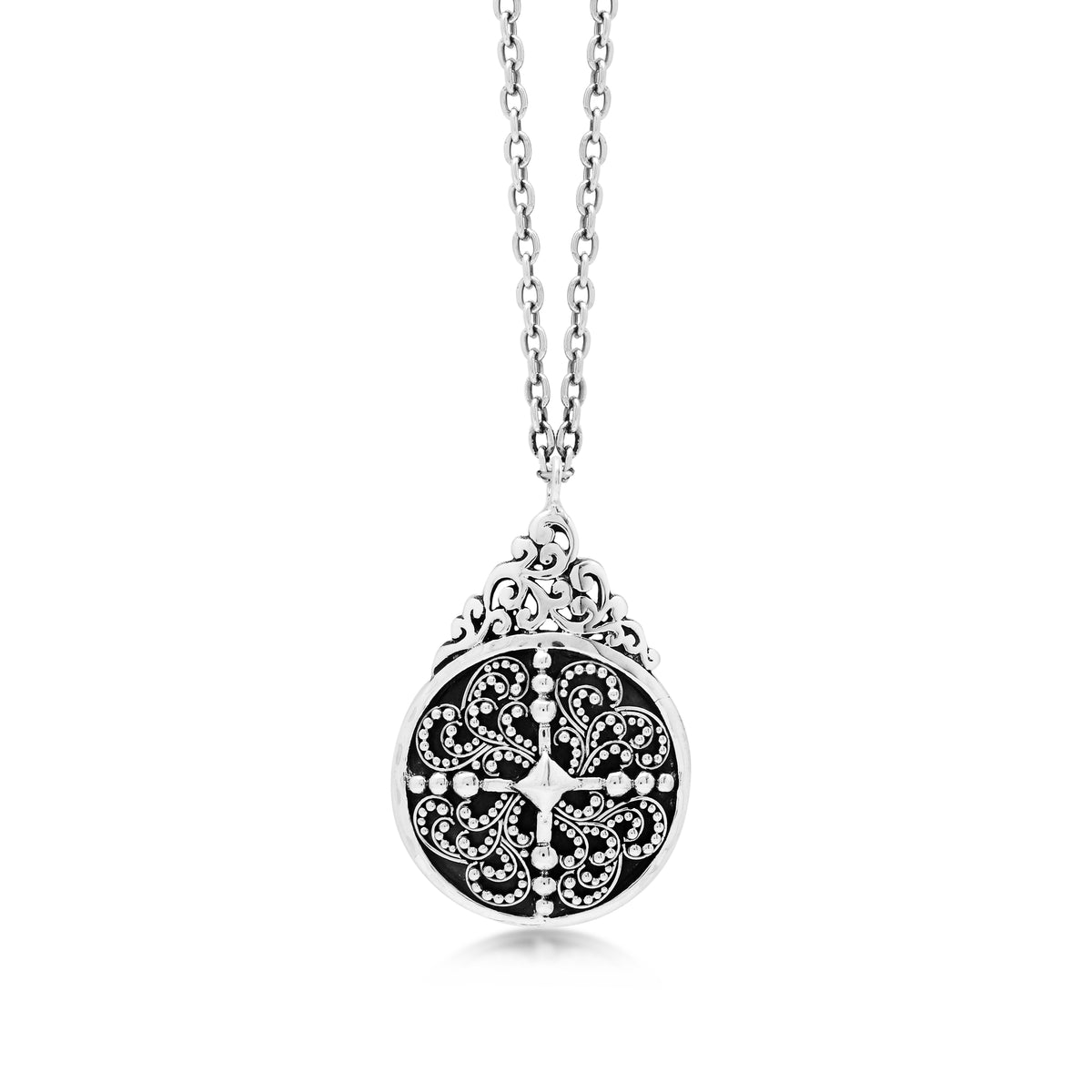Classic Granulation with Open Scroll Top Alhambra Pendant Necklace - Lois Hill Jewelry