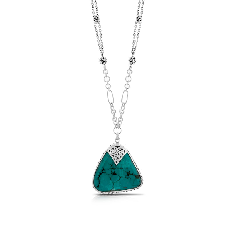 Organic Shaped Turquoise with Hand Carved LH Scroll Rim on Handmade Sterling 16" Silver Chain. Pendant 43 by 43 mm - Lois Hill Jewelry
