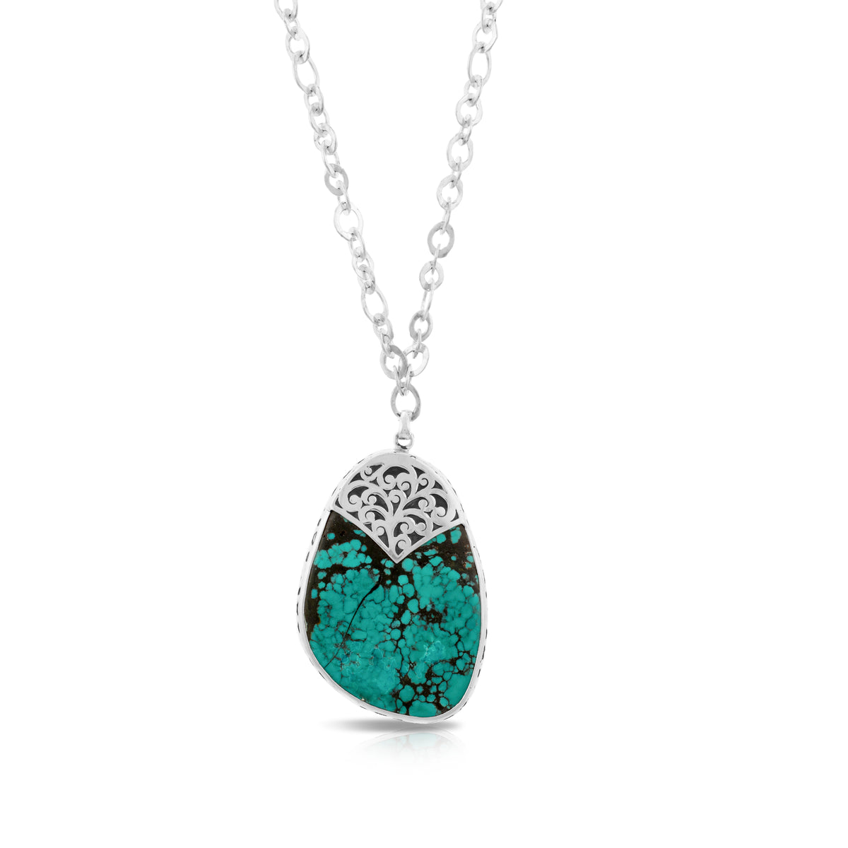 Organic Shaped Turquoise with Hand Carved LH Scroll Rim on Handmade Sterling 16" Silver Chain. Pendant 43 by 60 mm