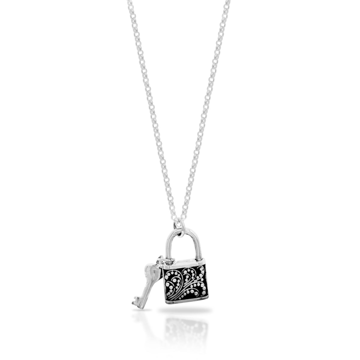 Classic Granulated Padlock with Key Pendant Necklace. Pendant 17mm x 10mm