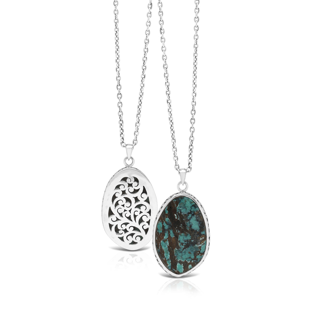 Organic Shaped Turquoise with Hand Carved LH Scroll Rim & Back on Handmade Sterling 16" Silver Chain. Pendant by 23mm x 35mm