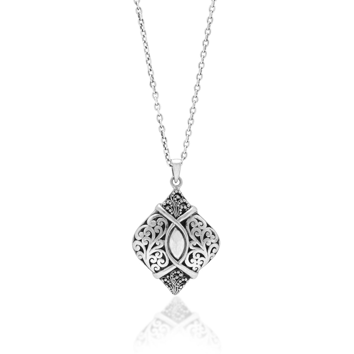 Classic Signature Scroll Granulated Marquise Pendant Necklace. Pendant 27mm X 42mm 17" chain