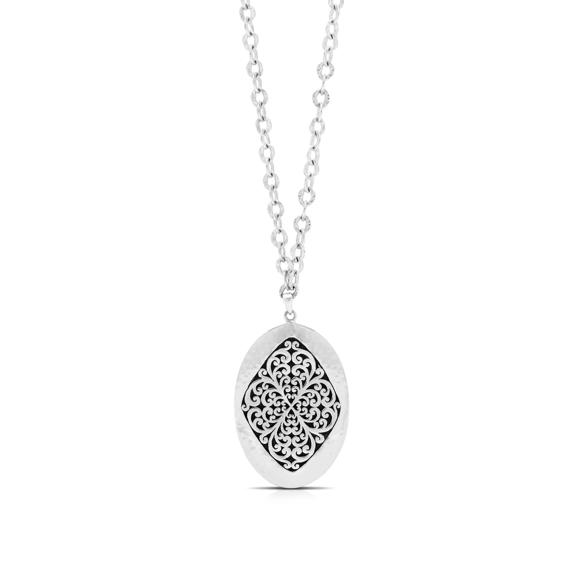LH Geometric Scroll with Hammered Border Oval Pendant Necklace