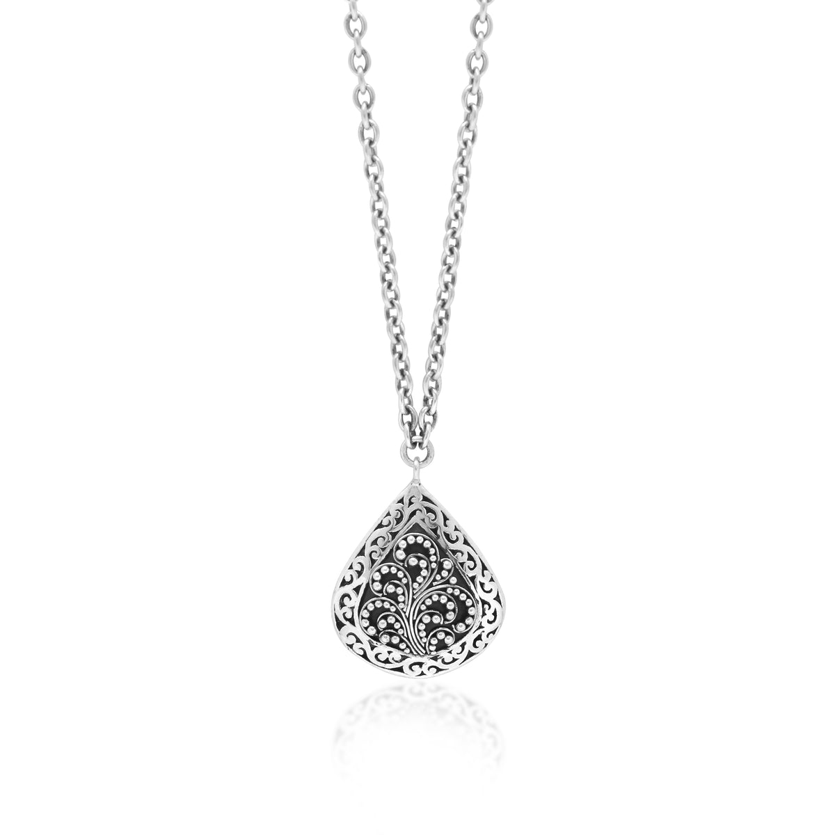 Classic Granulated with Signature Signature Scroll Border Teardrop Pendant Necklace. Pendant 19mm X 25mm 18" chain
