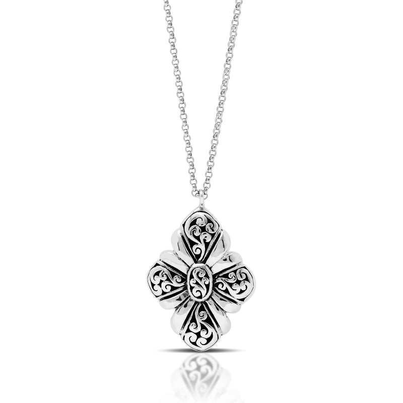 Classic Long Alhambra Signature Cross Flower Shape Pendant Necklace. 21mm X 37mm Pendant. 18" Chain