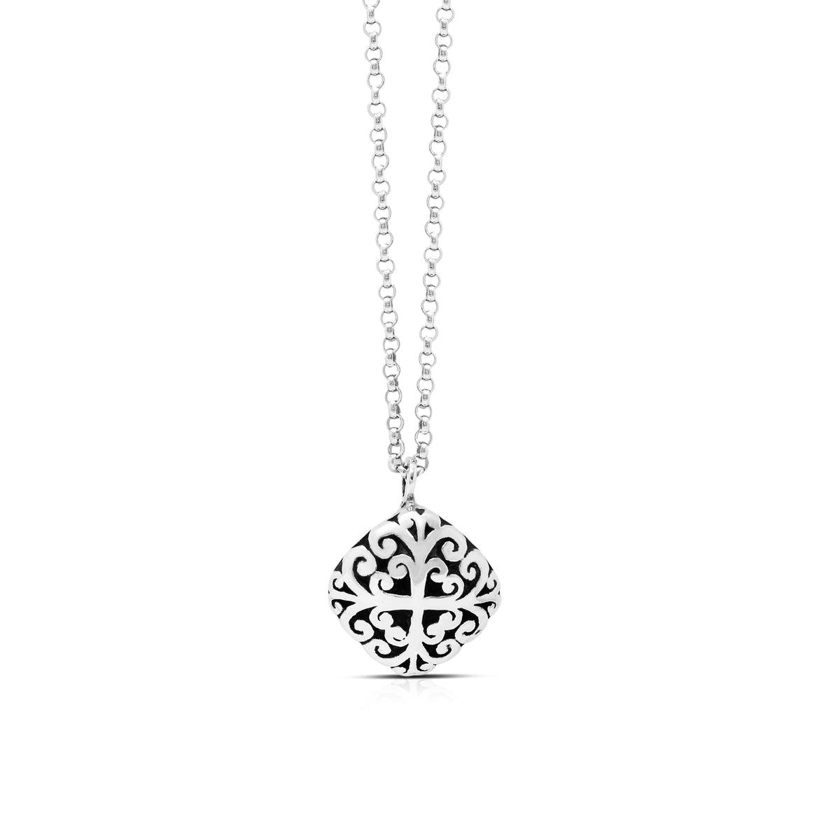 Classic Geometric Signature Scroll Diamond Shaped Drop Pendant Necklace. 14mm x 14mm Pendant. 18" Chain