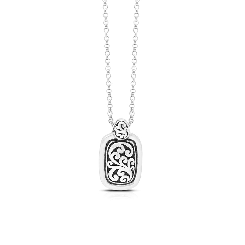 Carved Classic Signature Scroll Rectangle Pendant Necklace. 20mm x 12mm Pendant. 18" Chain