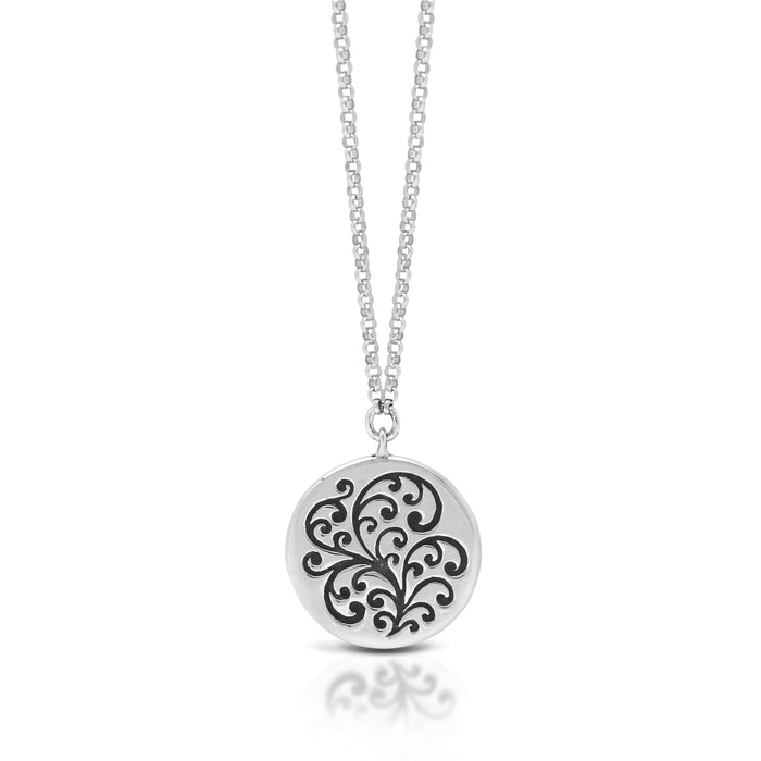 Round Classic Signature Scroll Signet Pendant Necklace. 19mm Pendant on 18" Chain