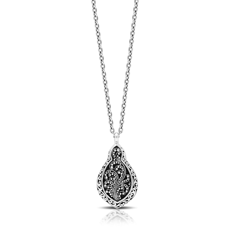 Classic Signature Scroll Granulated Drop Pendant Necklace. Pendant 17mm x 31mm. 18" chain