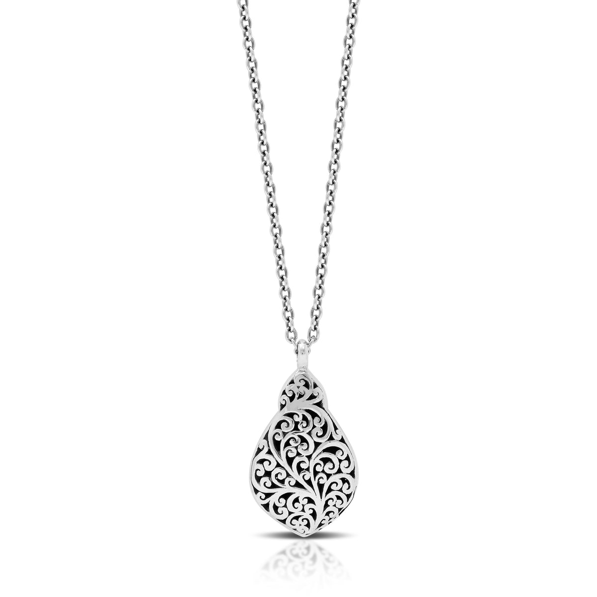 Classic Signature Scroll Granulated Drop Pendant Necklace. Pendant 17mm x 31mm. 18" chain