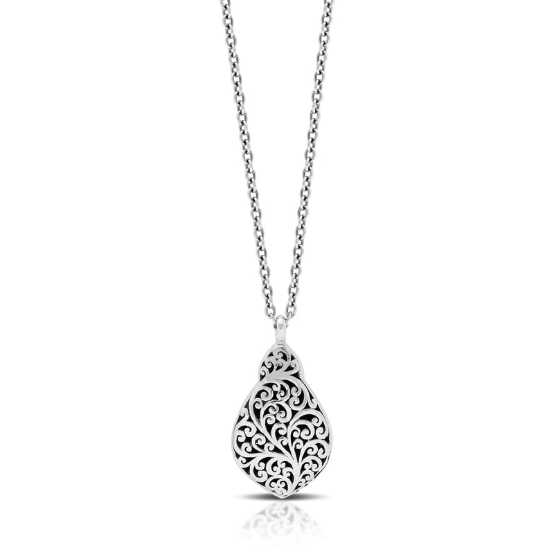 Classic Signature Scroll Granulated Drop Pendant Necklace. Pendant 17mm x 31mm. 18" chain