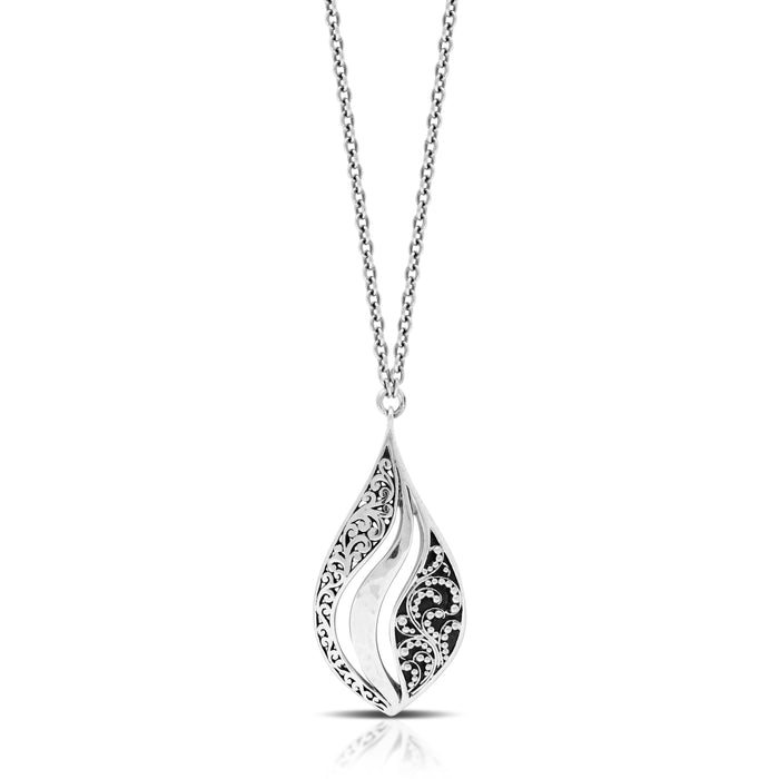 Classic Signature Open Scroll Granulated Teardrop Pendant Necklace. Pendant 20mm x 40mm 18" chain