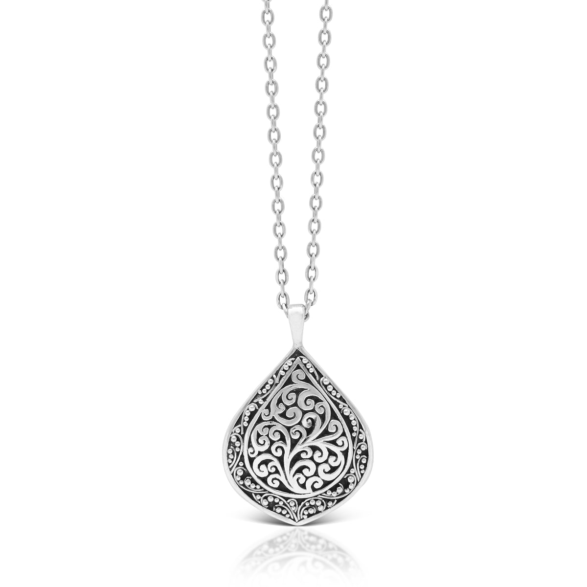 Classic Signature Scroll with Granulated Border Pendant Necklace. Pendant 21mm x 31mm on 18" chain