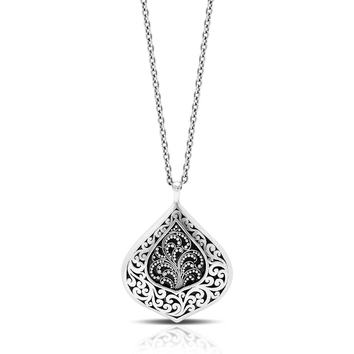 Classic Signature Scroll Granulated Large Leaf Shaped Drop Pendant Necklace. Pendant 35mm x 45mm  18" chain