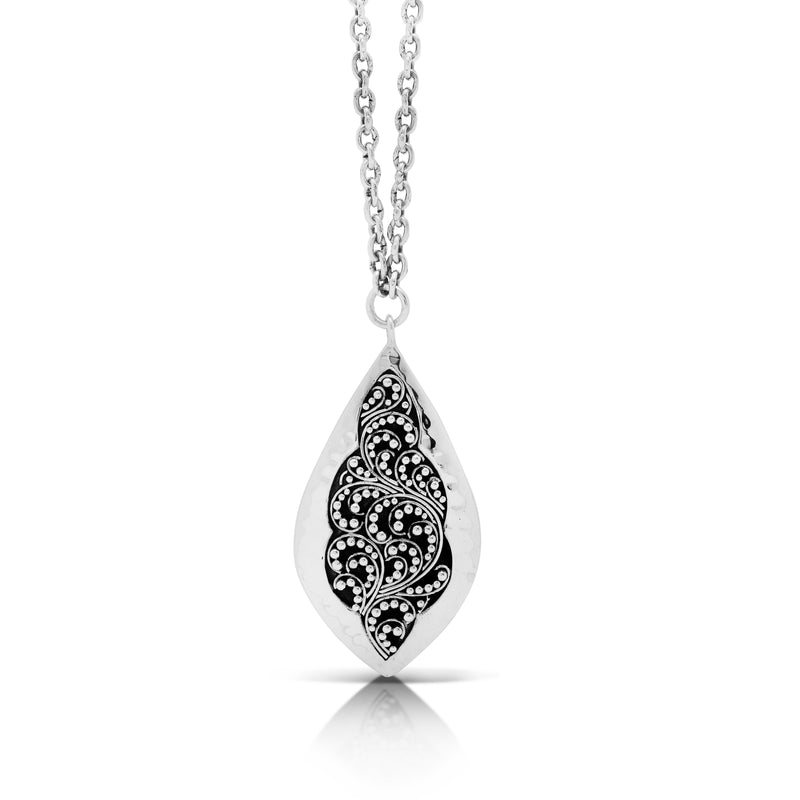 Classic Stylized Granulated Marquise with Hammered Border Pendant Necklace. 19mm x 36mm Pendant. 19" Chain