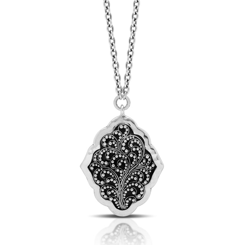 Large Classic Stylized Granulated Marquise with Hammered Border Pendant Necklace. 27mm x 33mm Pendant. 19" Chain