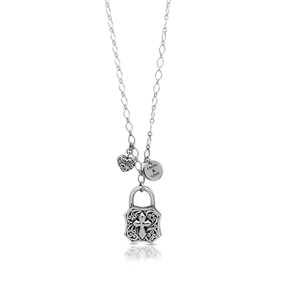LH Scroll Maltese Cross Padlock Pendant (17*26mm) with "Faith & Love" Charm Necklace 18"