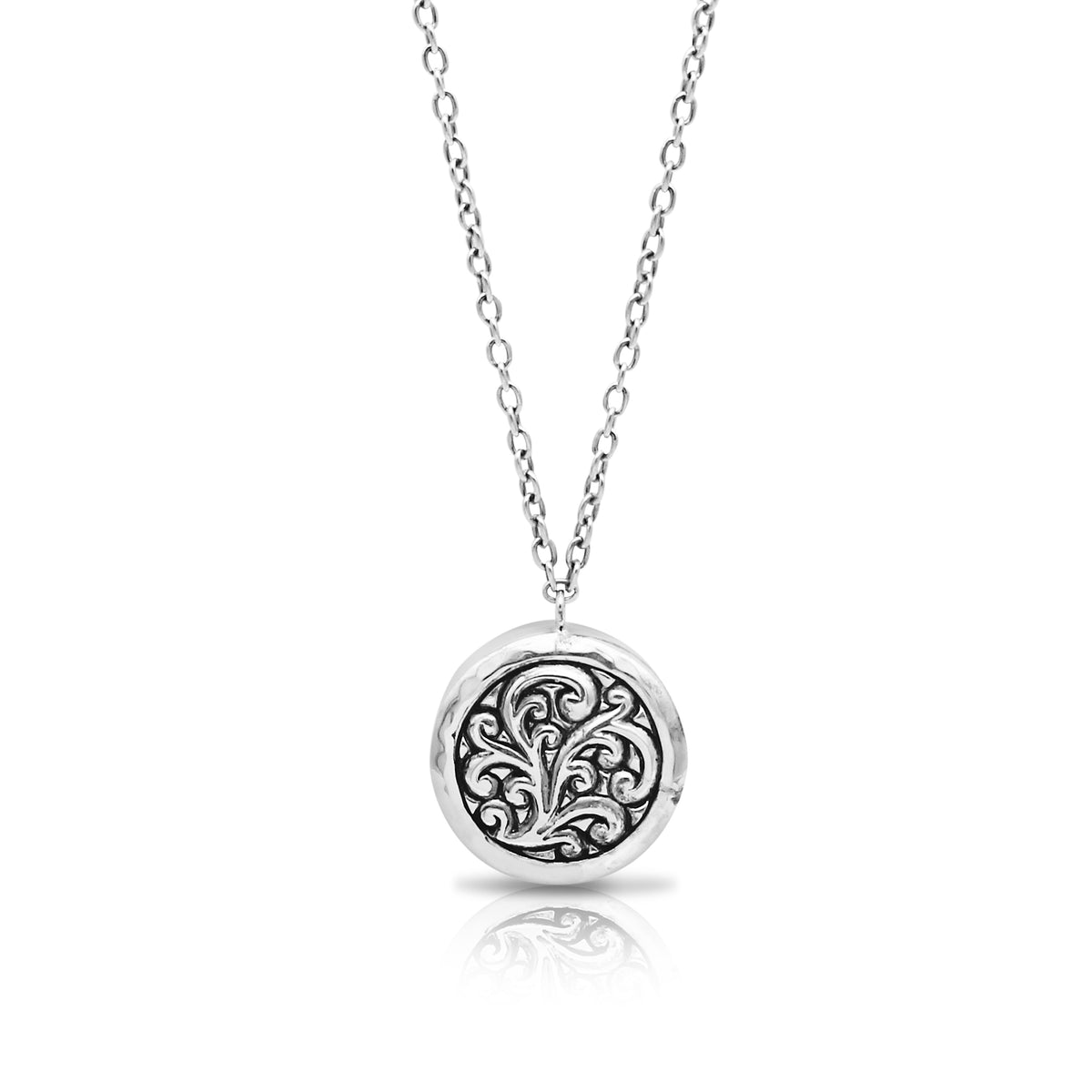 LH Scroll Repousse Round Pendant (19mm) Necklace 18" - 19" Chain