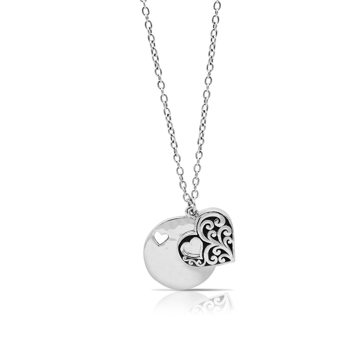 LH Classic Scroll Heart-Shaped with Round Hammered Pendant (20mm) Necklace 19"