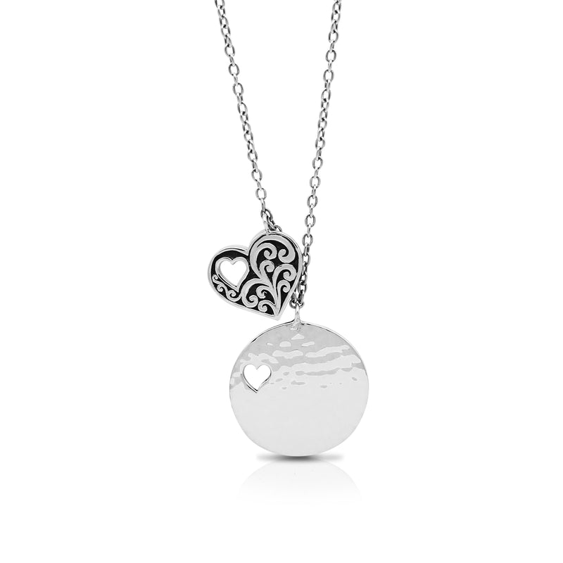 LH Scroll Heart-Shapped Classic Round Hammered (24mm) Necklace 19"