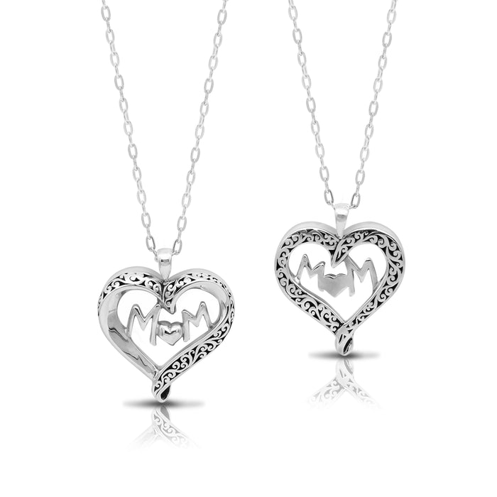 "Mom" Heart Cutout Scroll Pendant (23*26mm) Necklace 18"