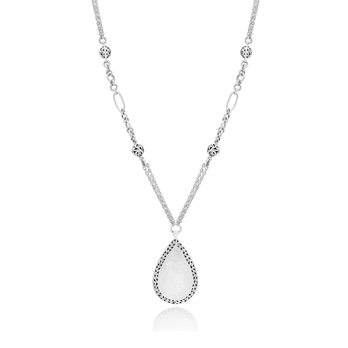 Classic Teardrop Hammered with Signature Scroll Border Pendant Necklace - Lois Hill Jewelry