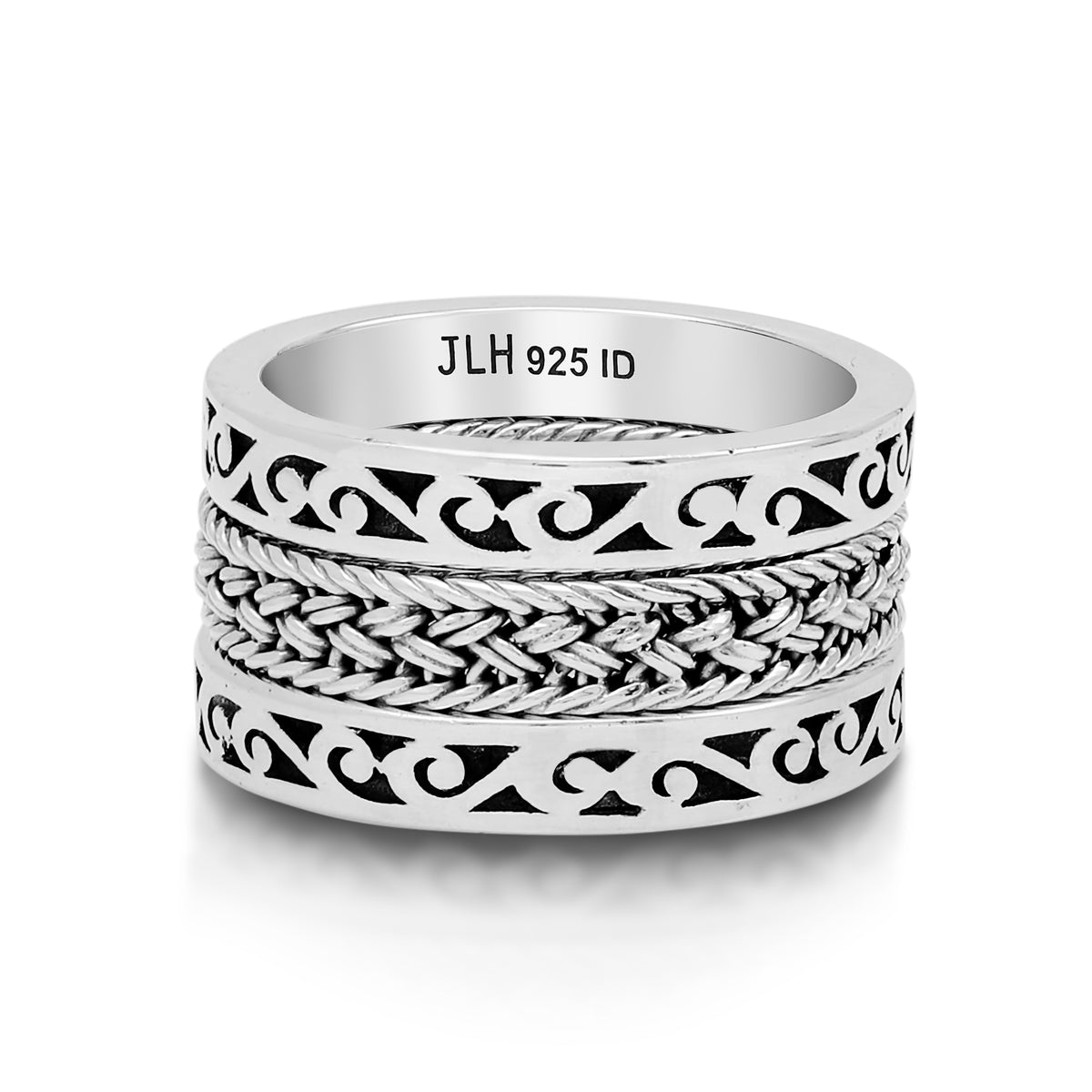 LH Classic Signature Scroll and Textile Band 3-Stack Ring
