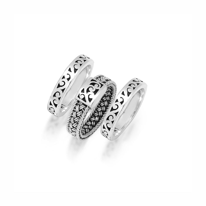 Classic Textile Weave and Signature Scroll 3-Stack Ring