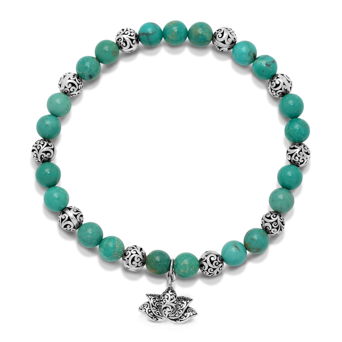 Blue Turquoise & LH Scroll Beads (6 mm) Stretch Bracelet with Lotus Charm