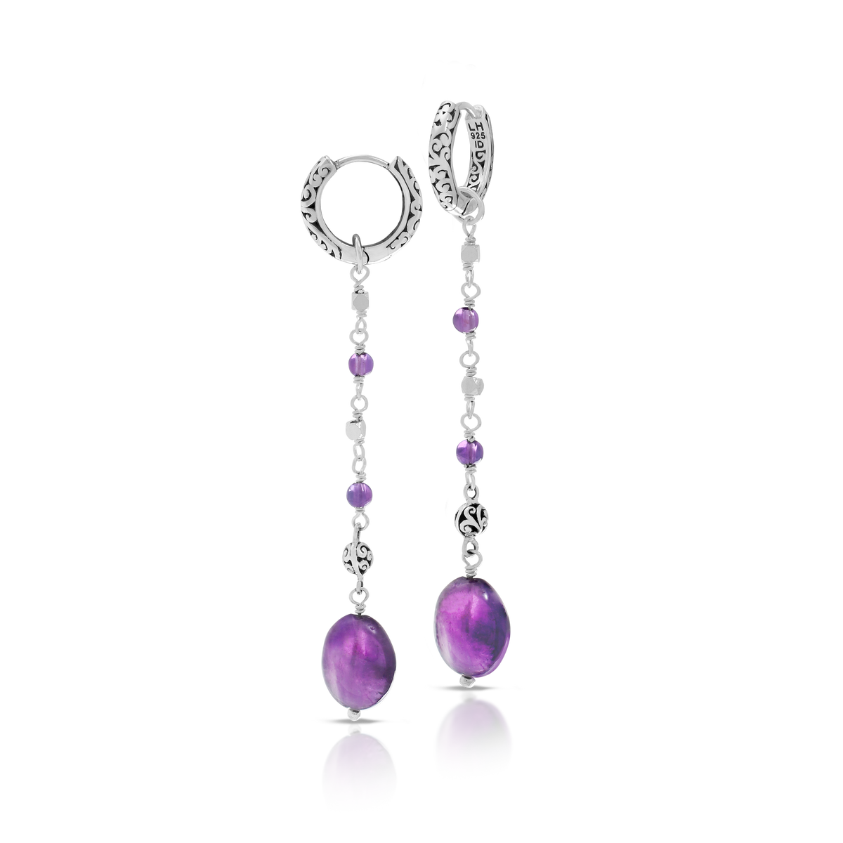 Oval Amethyst (8mmx12mm) with Delicated Scroll Hoop Drop Earring