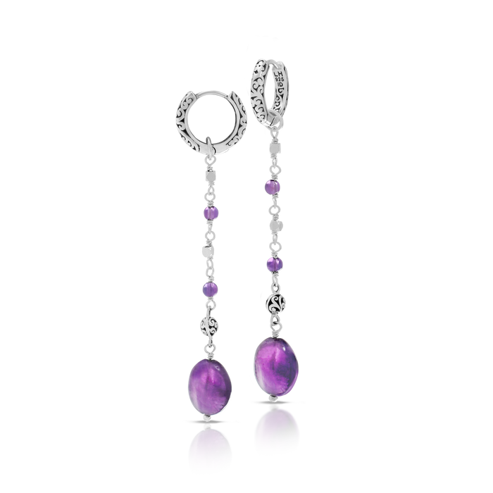 Oval Amethyst (8mmx12mm) with Delicated Scroll Hoop Drop Earring