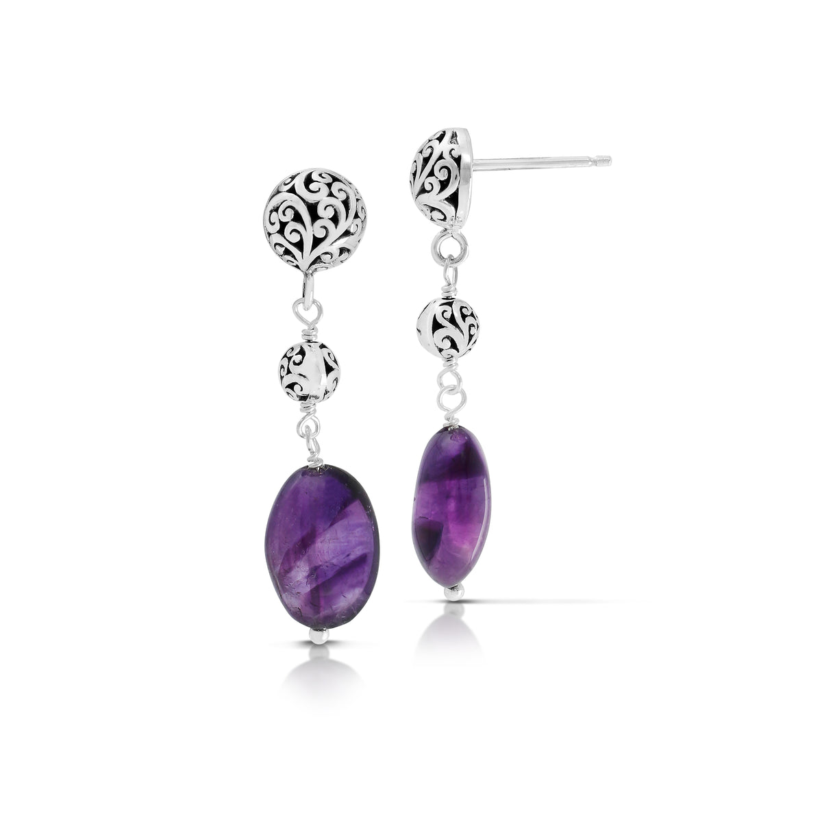 Amethyst Oval Bead (9x13mm) Dangle Post Earrings