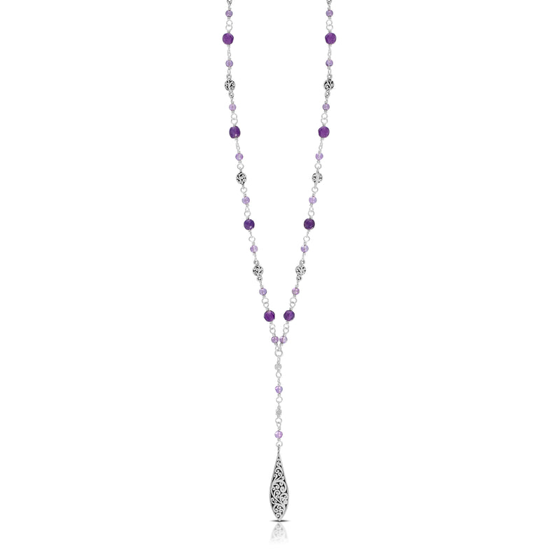 Amethyst & LH Scroll Beads With Marquise Charm Lariat Wire-Wrapped Necklace (17" -20")