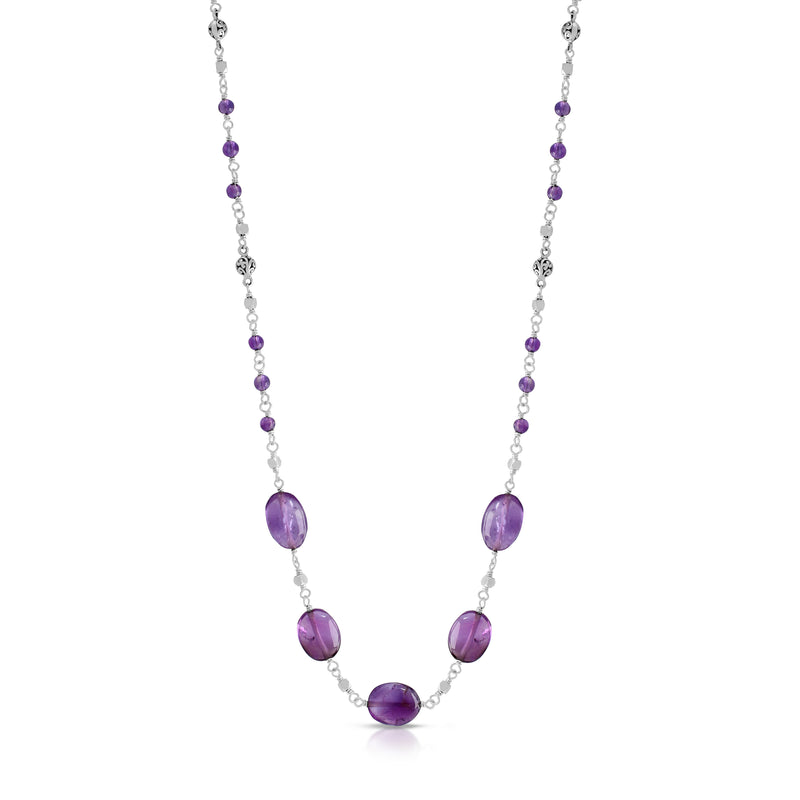 Oval Amethyst & LH Scroll Beads Wire-Wrapped Necklace (17" -20")