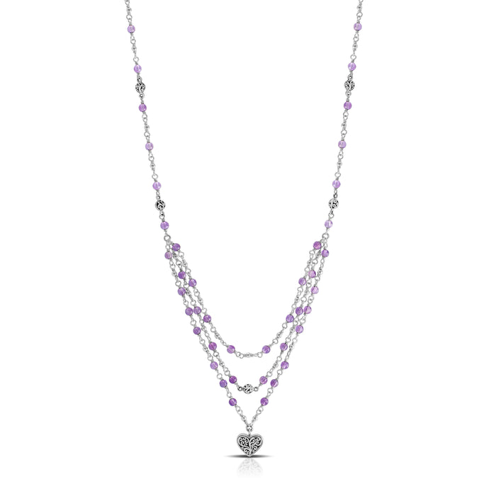 Amethyst & LH Scroll Beads Three-Strand Wire-Wrapped with Scroll Heart Charm Necklace (17" -20")