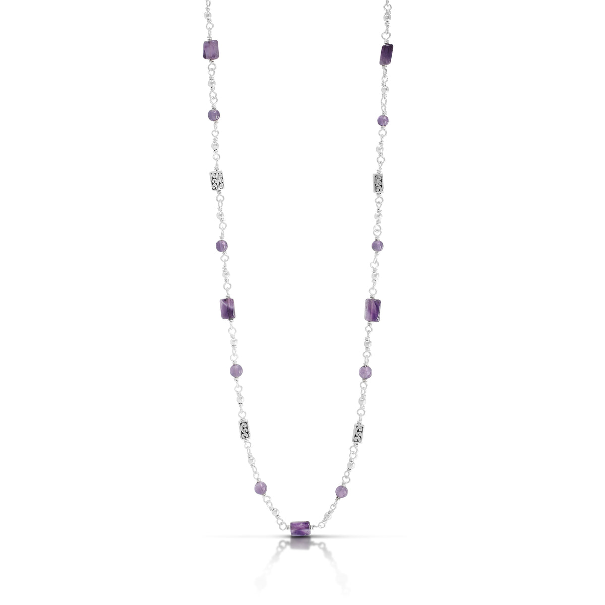 Amethyst Rectangle Beads & LH Scroll Bar Wire-Wrapped Necklace (17"-20")