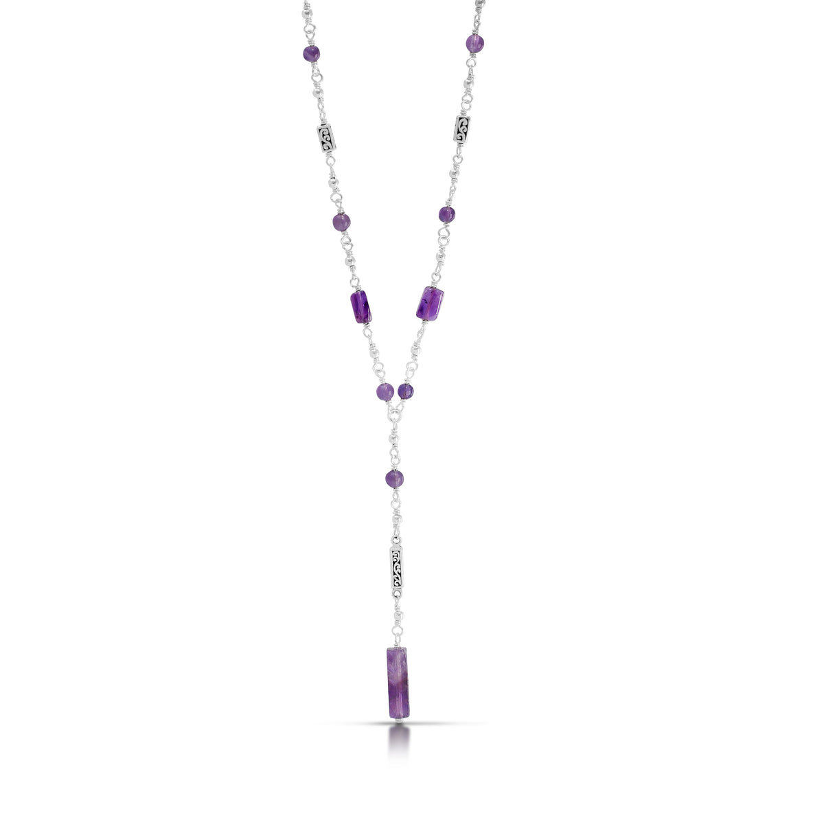 Amethyst Rectangle & LH Scroll Bar Wire-Wrapped Lariat Necklace (17"-20")