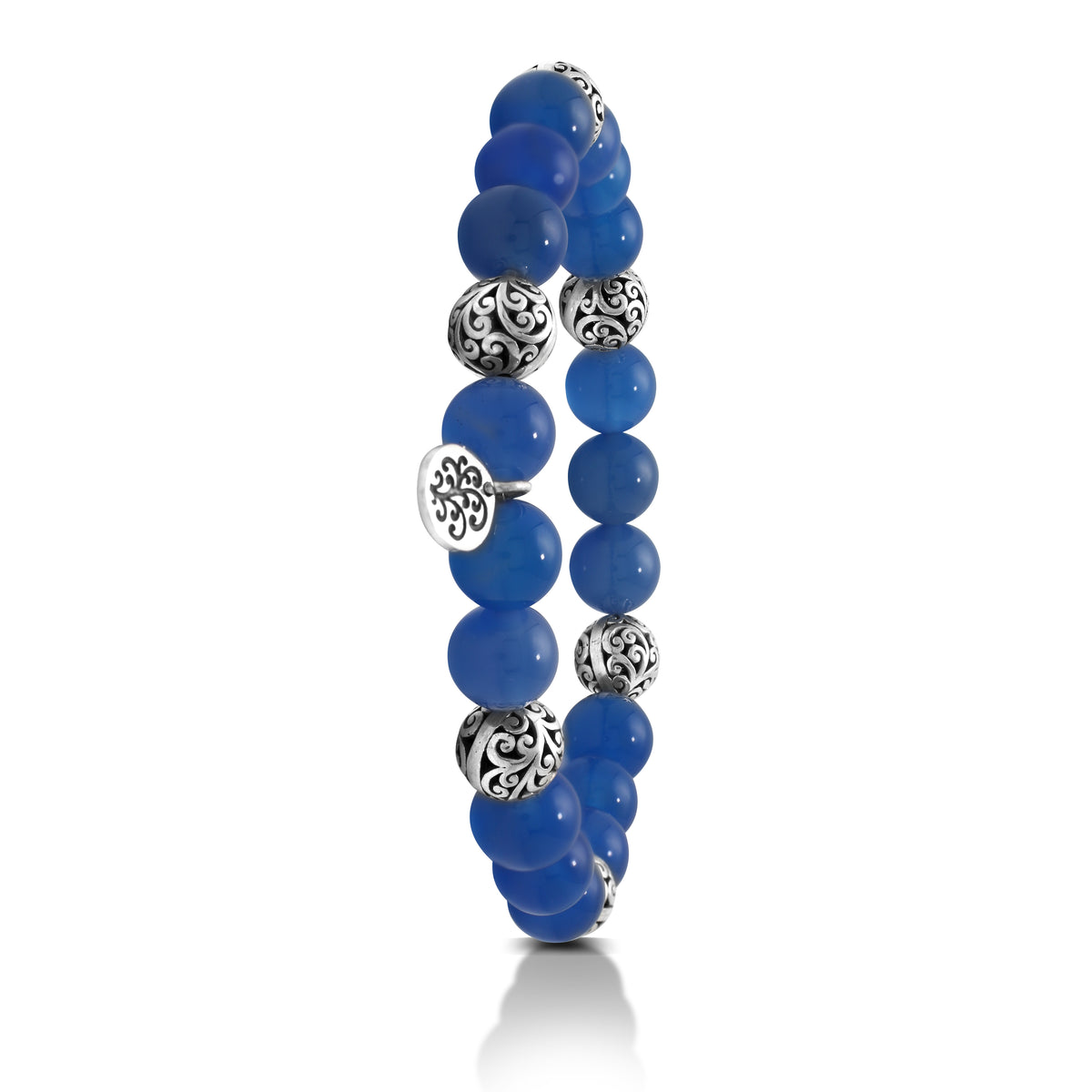 Blue Agate Bead (8mm) with Scroll Sterling Silver Bead Stretch Bracelet