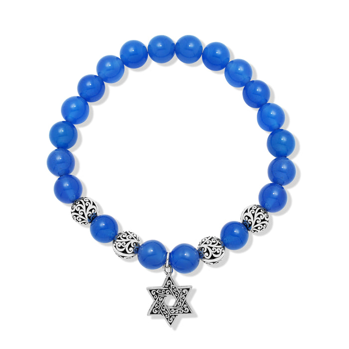 Blue Agate Bead (8mm) with Scroll Sterling Silver Bead & Star Charm Stretch Bracelet